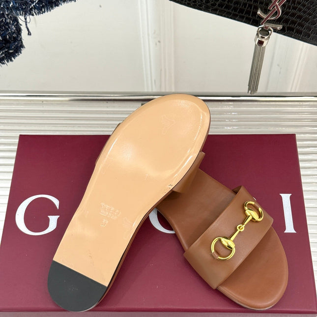 SLIDE SANDALS IN BROWN CALFSKIN WITH GOLD HARDWARE