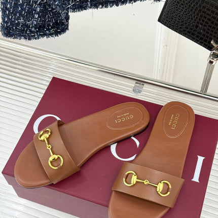 SLIDE SANDALS IN BROWN CALFSKIN WITH GOLD HARDWARE