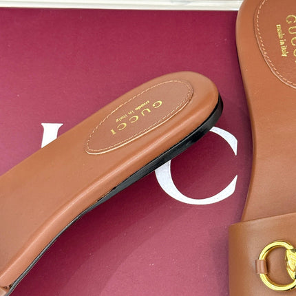 SLIDE SANDALS IN BROWN CALFSKIN WITH GOLD HARDWARE