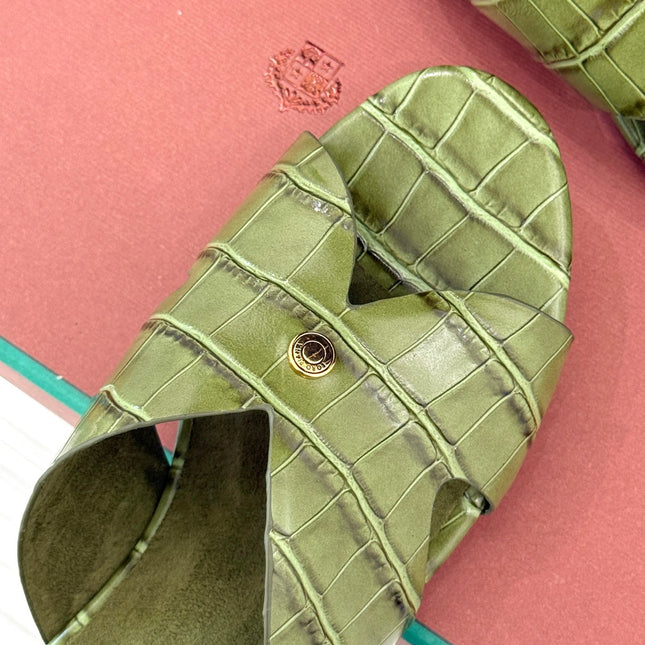 LP SANDALS 25S IN MOSS GREEN LAMBSKIN SNAKE EMBOSSING