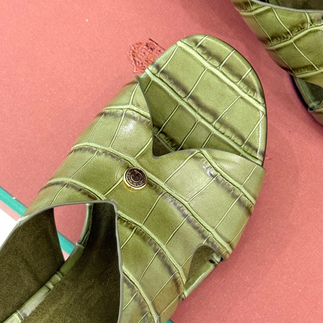 LP HIGH HEEL 25S IN MOSS GREEN LAMBSKIN SNAKE EMBOSSING