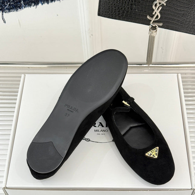 PRADA 25S SOFT PADDED BALLERINAS IN BLACK SUEDE