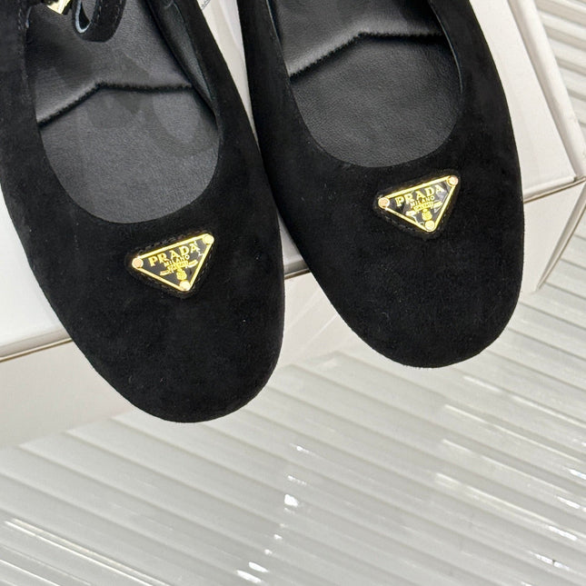 PRADA 25S SOFT PADDED BALLERINAS IN BLACK SUEDE