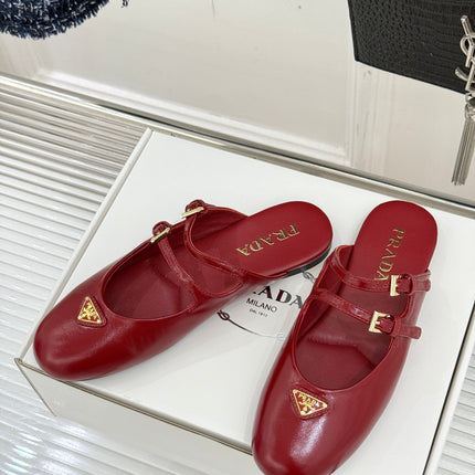 PRADA 25S DUAL MARY JANE BALLERINA MULES IN RED WINE CALFSKIN