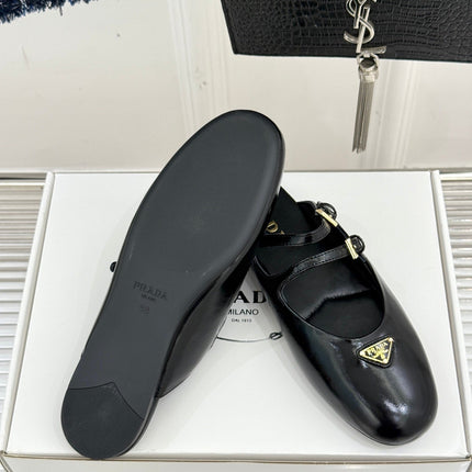 PRADA 25S DUAL MARY JANE BALLERINA MULES IN BLACK CALFSKIN