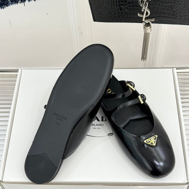 PRADA 25S DUAL MARY JANE BALLERINA MULES IN BLACK CALFSKIN