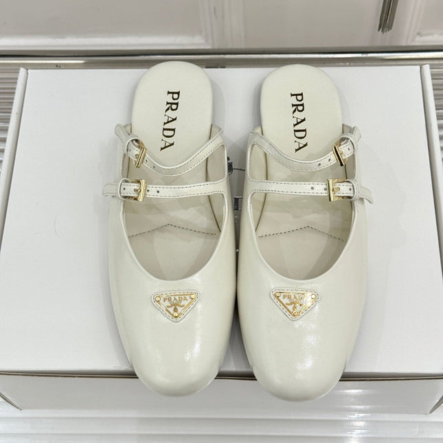 PRADA 25S DUAL MARY JANE BALLERINA MULES IN IVORY CALFSKIN