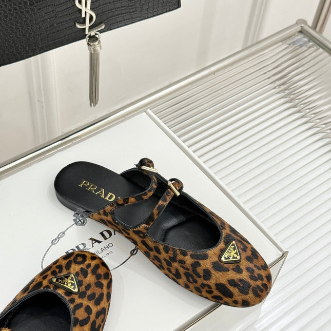 PRADA 25S DUAL MARY JANE BALLERINA MULES IN LEOPARD PRINT PONY HAIR