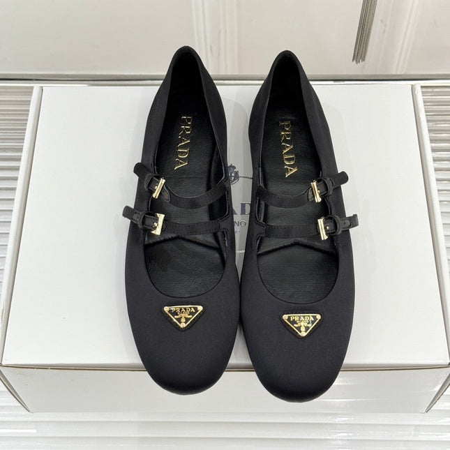 PRADA 25S DOUBLE STRAP BALLERINAS IN BLACK SATIN