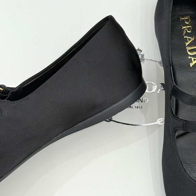 PRADA 25S DOUBLE STRAP BALLERINAS IN BLACK SATIN