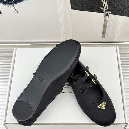 PRADA 25S DOUBLE STRAP BALLERINAS IN BLACK SATIN