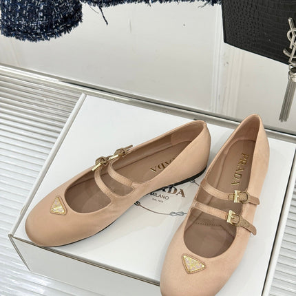 PRADA 25S DOUBLE STRAP BALLERINAS IN NUDE SATIN