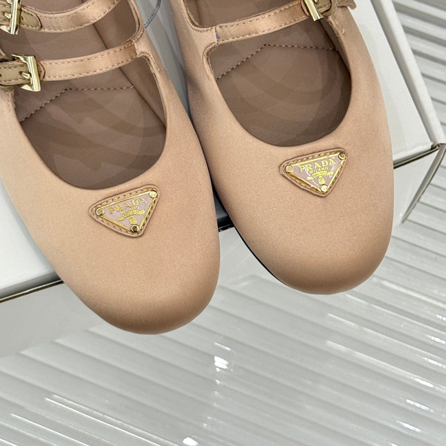 PRADA 25S DOUBLE STRAP BALLERINAS IN NUDE SATIN