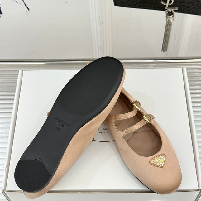 PRADA 25S DOUBLE STRAP BALLERINAS IN NUDE SATIN