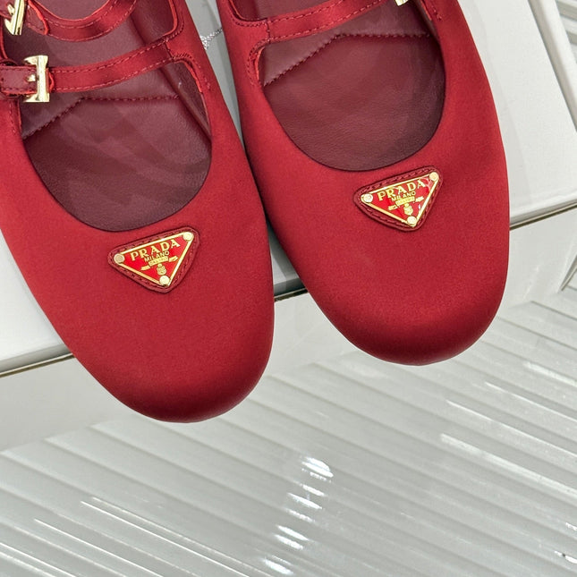 PRADA 25S DOUBLE STRAP BALLERINAS IN RED WINE SATIN