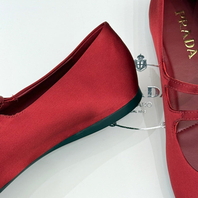 PRADA 25S DOUBLE STRAP BALLERINAS IN RED WINE SATIN