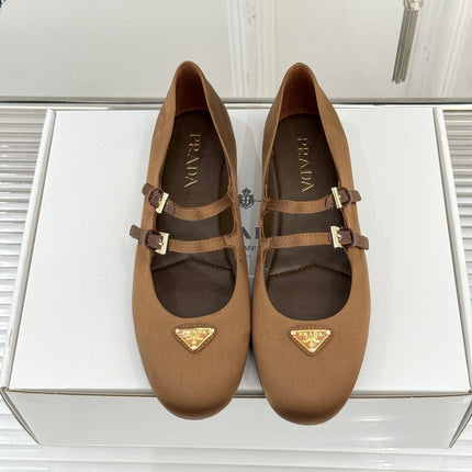 PRADA 25S DOUBLE STRAP BALLERINAS IN DARK BROWN SATIN