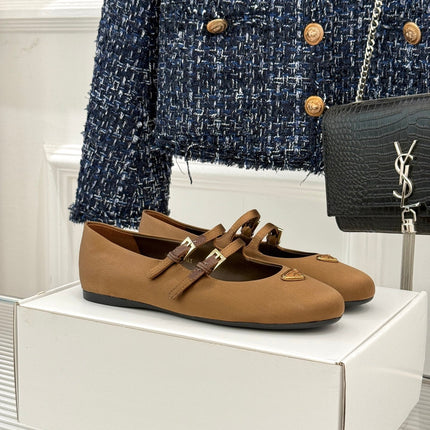 PRADA 25S DOUBLE STRAP BALLERINAS IN DARK BROWN SATIN