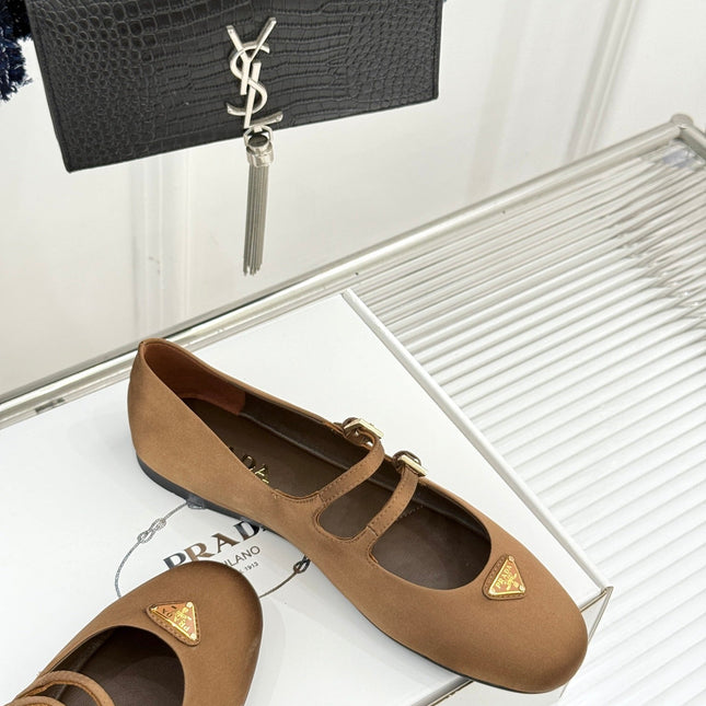 PRADA 25S DOUBLE STRAP BALLERINAS IN DARK BROWN SATIN