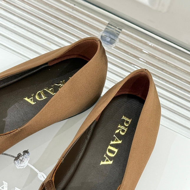 PRADA 25S DOUBLE STRAP BALLERINAS IN DARK BROWN SATIN