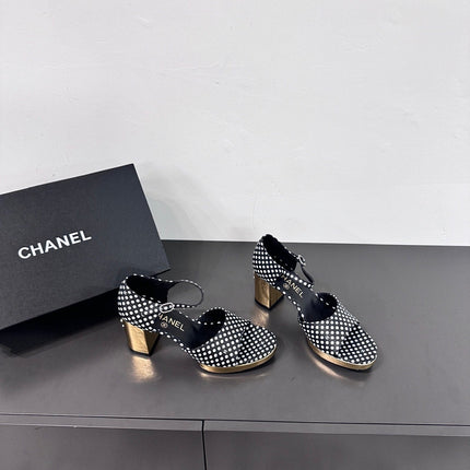 BLOCK HEEL SANDALS BLACK POLKA DOT SHEEPSKIN