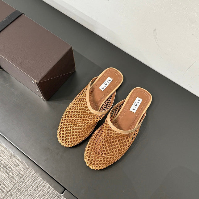 ALAIA FLAT MULES IN COPPER BROWN MESH FISHNET