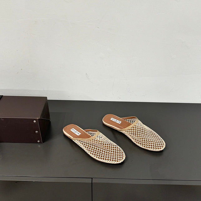 ALAIA FLAT MULES IN BEIGE MESH FISHNET