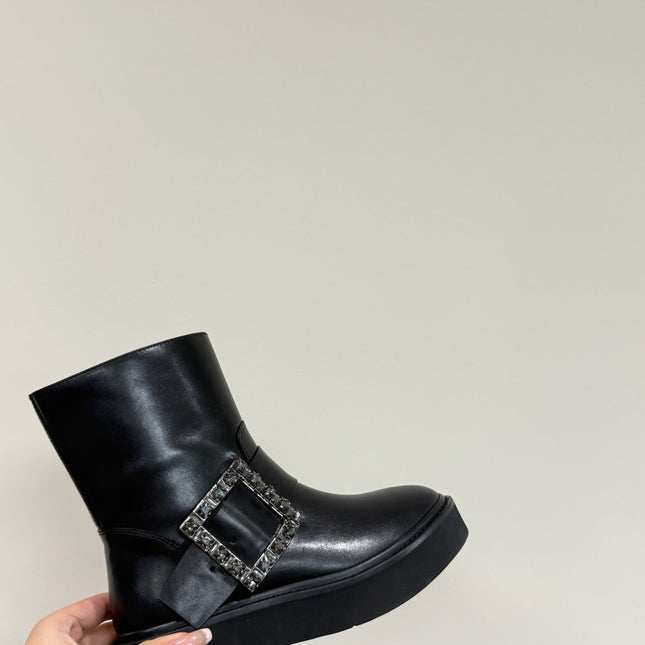 VIV' RANGERS CHELSEA ANKLE BOOTS IN BLACK CALFSKIN WITH BLACK CRYSTAL BUCKLE