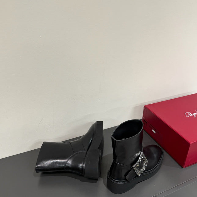 VIV' RANGERS CHELSEA ANKLE BOOTS IN BLACK CALFSKIN WITH BLACK CRYSTAL BUCKLE