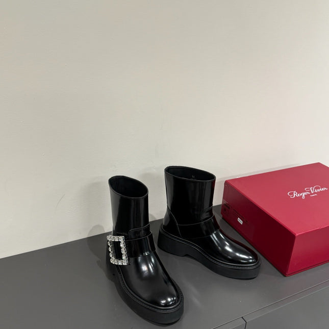 VIV' RANGERS CHELSEA ANKLE BOOTS IN BLACK CALFSKIN WITH SILVER CRYSTAL BUCKLE