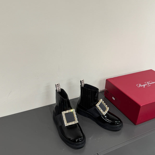 VIV' RANGERS CHELSEA BOOTIES IN GLOSSY BLACK CALFSKIN CRYSTAL BUCKLE