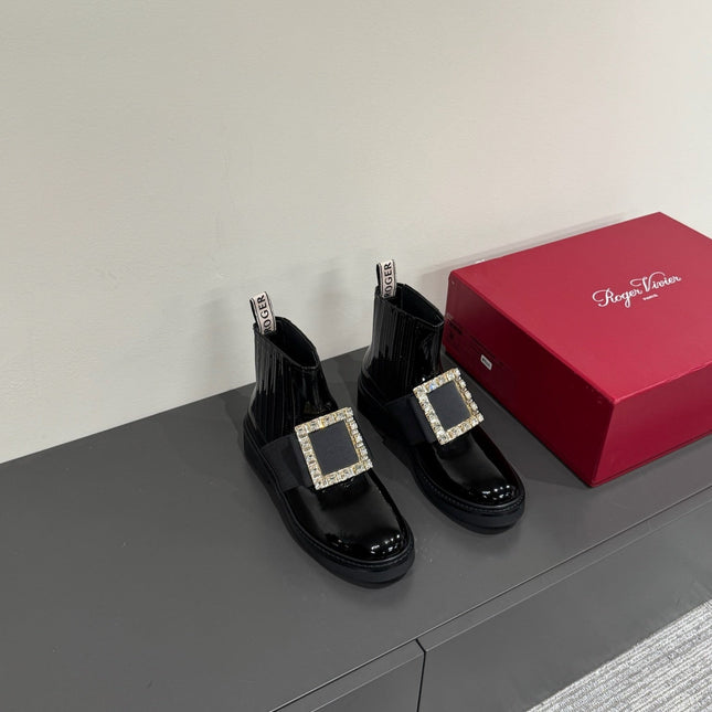 VIV' RANGERS CHELSEA BOOTIES IN GLOSSY BLACK CALFSKIN CRYSTAL BUCKLE