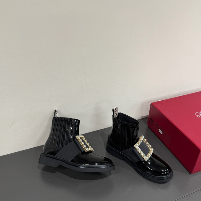 VIV' RANGERS CHELSEA BOOTIES IN GLOSSY BLACK CALFSKIN CRYSTAL BUCKLE