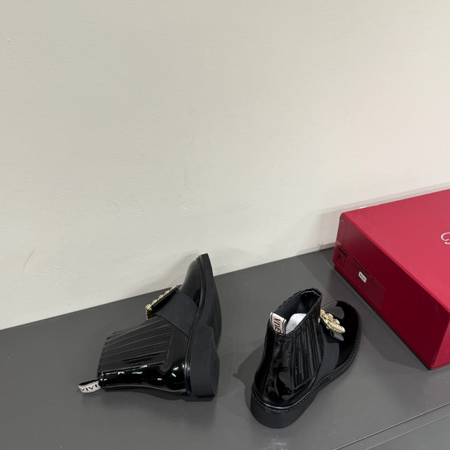 VIV' RANGERS CHELSEA BOOTIES IN GLOSSY BLACK CALFSKIN CRYSTAL BUCKLE