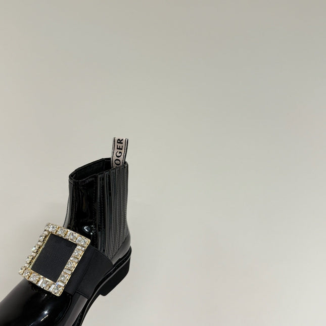 VIV' RANGERS CHELSEA BOOTIES IN GLOSSY BLACK CALFSKIN CRYSTAL BUCKLE