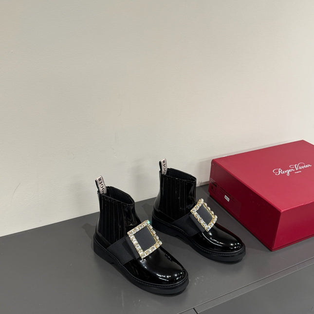 VIV' RANGERS CHELSEA BOOTIES IN GLOSSY BLACK CALFSKIN CRYSTAL BUCKLE