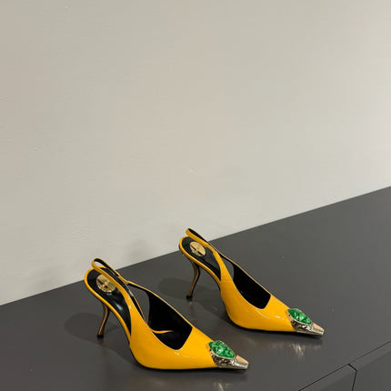GREEN GEM-STUDDED SLINGBACK PUMPS IN YELLOW PATENT CALFSKIN