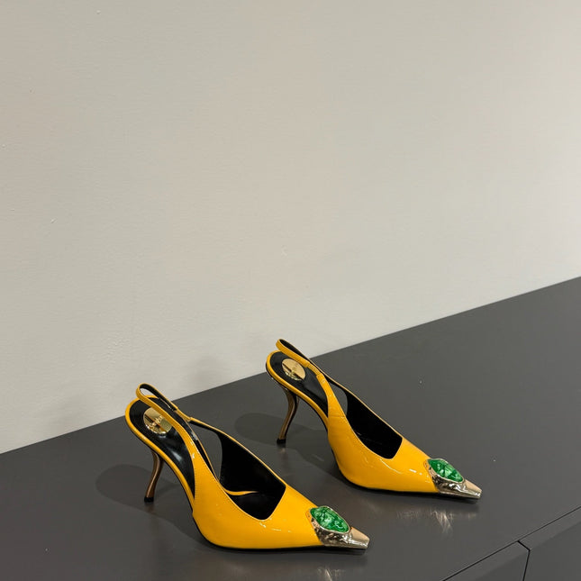 GREEN GEM-STUDDED SLINGBACK PUMPS IN YELLOW PATENT CALFSKIN