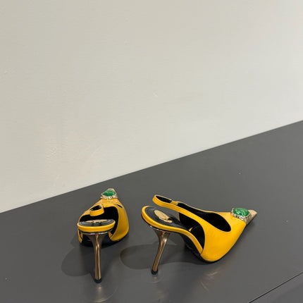 GREEN GEM-STUDDED SLINGBACK PUMPS IN YELLOW PATENT CALFSKIN