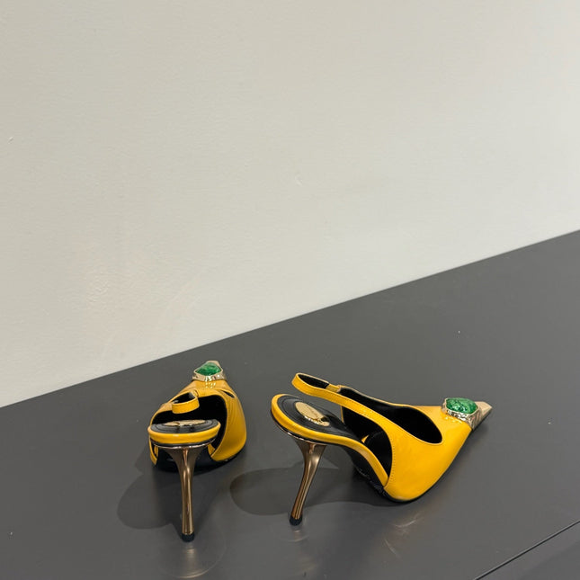 GREEN GEM-STUDDED SLINGBACK PUMPS IN YELLOW PATENT CALFSKIN