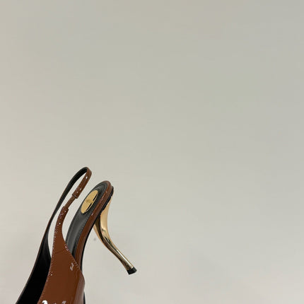 ORANGE GEM-STUDDED SLINGBACK PUMPS IN BRONZE BROWN PATENT CALFSKIN