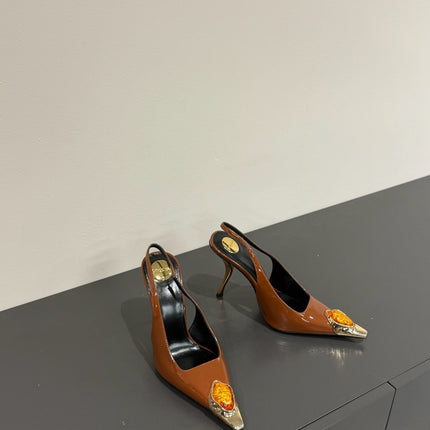 ORANGE GEM-STUDDED SLINGBACK PUMPS IN BRONZE BROWN PATENT CALFSKIN