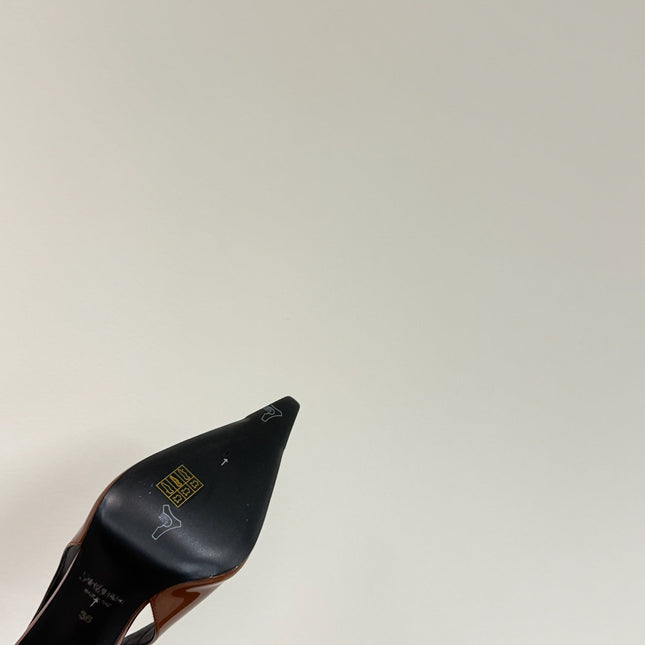 ORANGE GEM-STUDDED SLINGBACK PUMPS IN BRONZE BROWN PATENT CALFSKIN