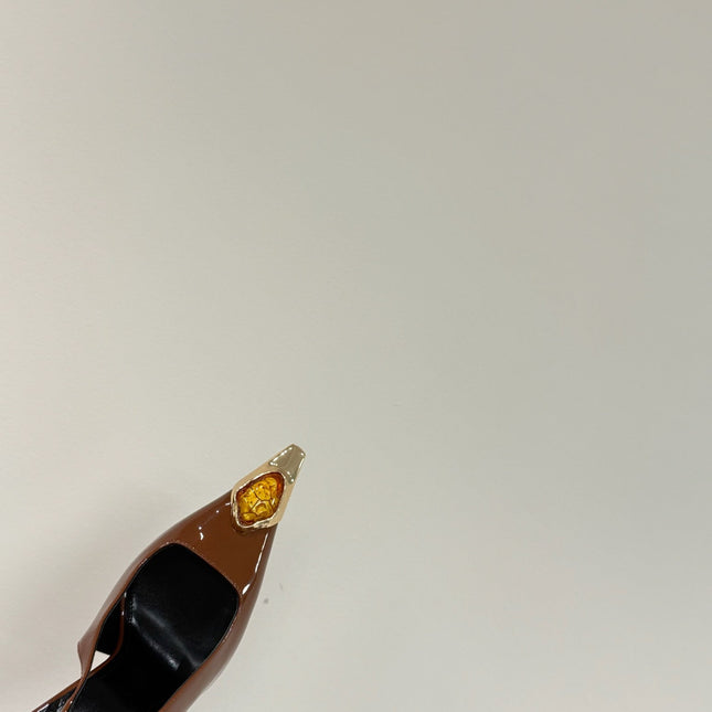 ORANGE GEM-STUDDED SLINGBACK PUMPS IN BRONZE BROWN PATENT CALFSKIN