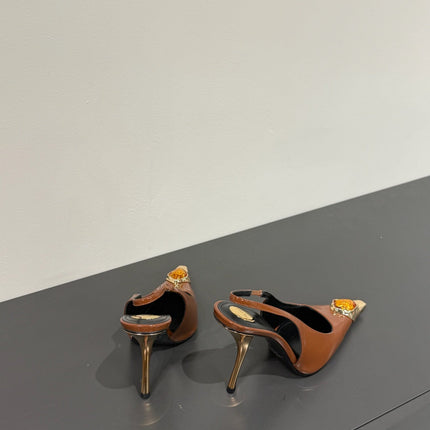 ORANGE GEM-STUDDED SLINGBACK PUMPS IN BRONZE BROWN PATENT CALFSKIN