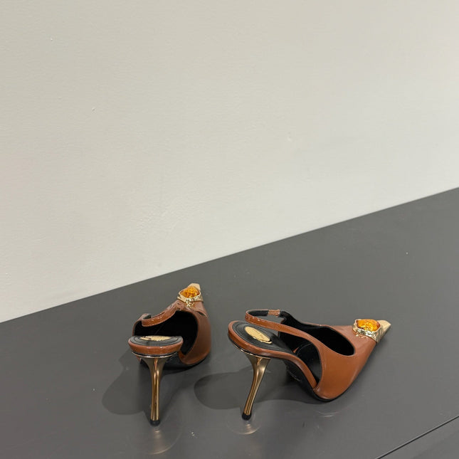 ORANGE GEM-STUDDED SLINGBACK PUMPS IN BRONZE BROWN PATENT CALFSKIN