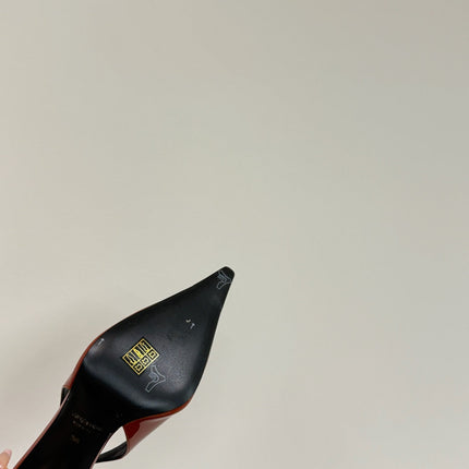 RED GEM-STUDDED SLINGBACK PUMPS IN ORANGE PATENT CALFSKIN