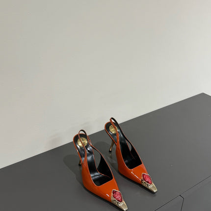 RED GEM-STUDDED SLINGBACK PUMPS IN ORANGE PATENT CALFSKIN