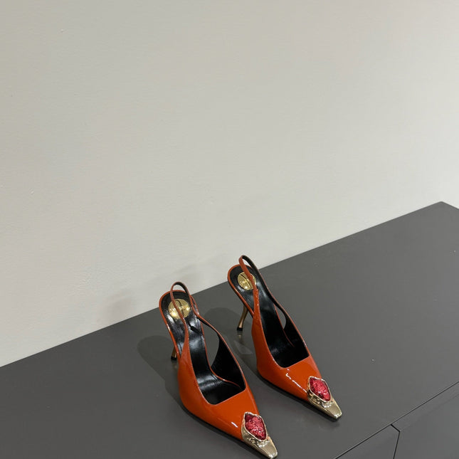RED GEM-STUDDED SLINGBACK PUMPS IN ORANGE PATENT CALFSKIN