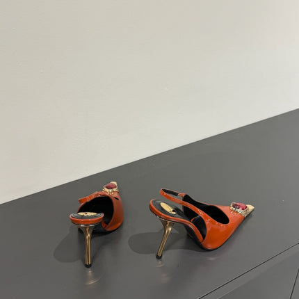 RED GEM-STUDDED SLINGBACK PUMPS IN ORANGE PATENT CALFSKIN